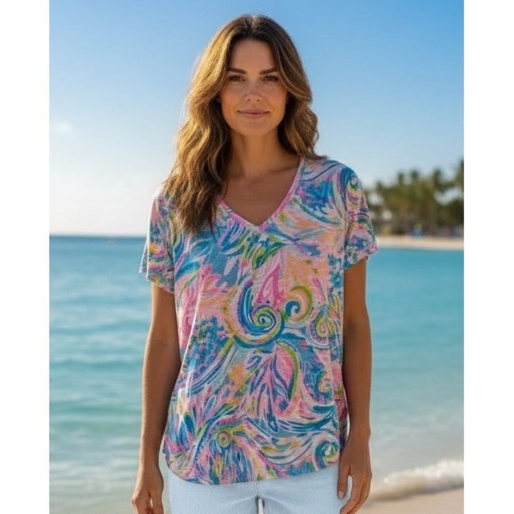 New Lilly Pulitzer Etta Top V Neck T Shirt Knit Size XL Carnival Coral X Large - Picture 1 of 9